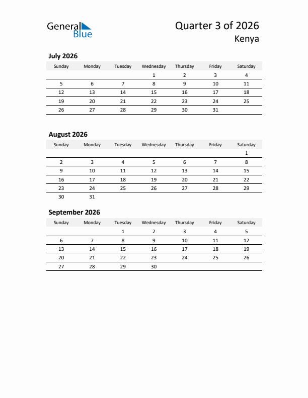 2026 Three-Month Calendar for Kenya