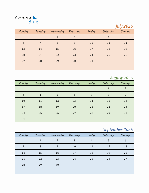 Three-Month Calendar for Year 2026 (July, August, and September)