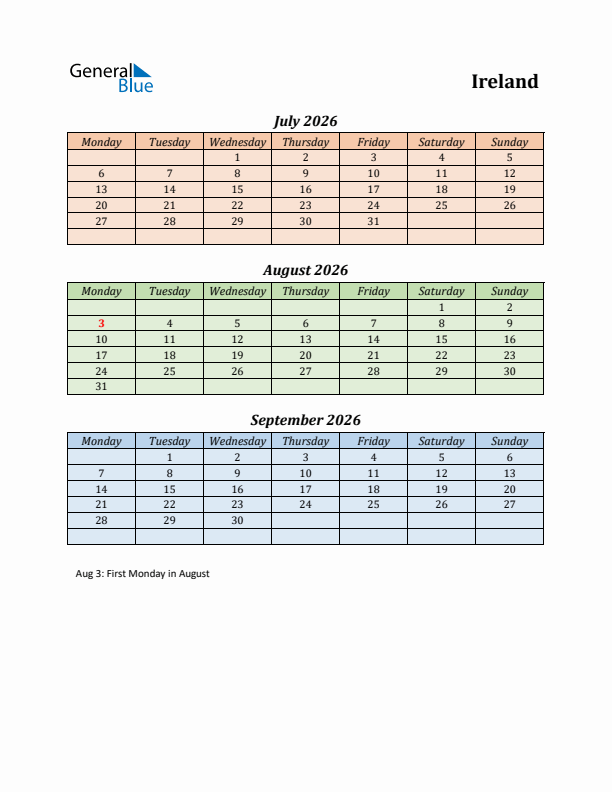 Q3 2026 Holiday Calendar - Ireland