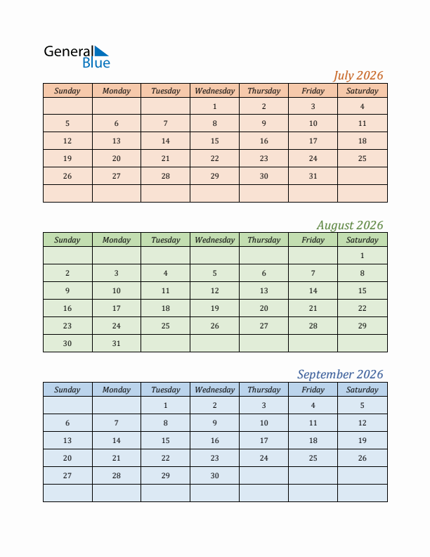 Three-Month Calendar for Year 2026 (July, August, and September)