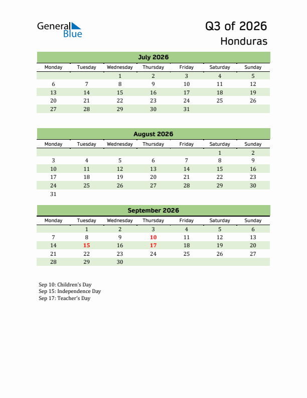 Quarterly Calendar 2026 with Honduras Holidays