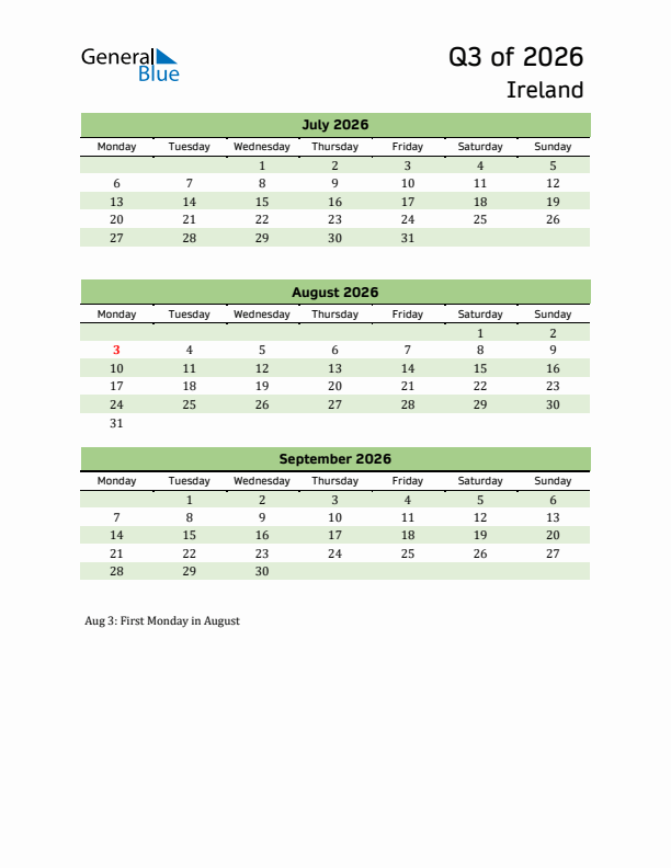 Quarterly Calendar 2026 with Ireland Holidays