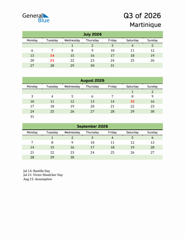 Quarterly Calendar 2026 with Martinique Holidays