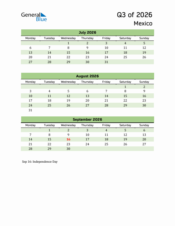Quarterly Calendar 2026 with Mexico Holidays