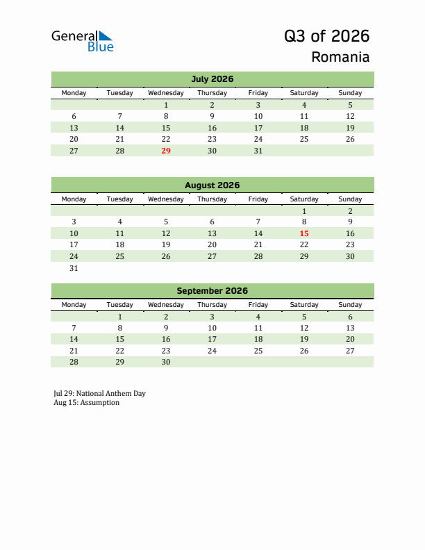 Quarterly Calendar 2026 with Romania Holidays