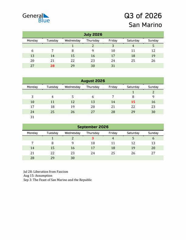 Quarterly Calendar 2026 with San Marino Holidays