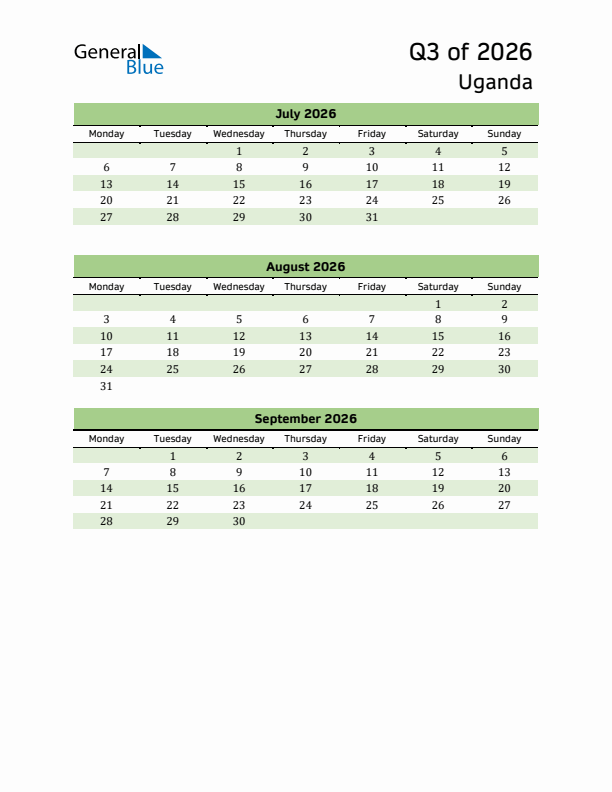 Quarterly Calendar 2026 with Uganda Holidays