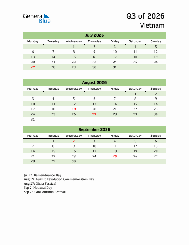 Quarterly Calendar 2026 with Vietnam Holidays