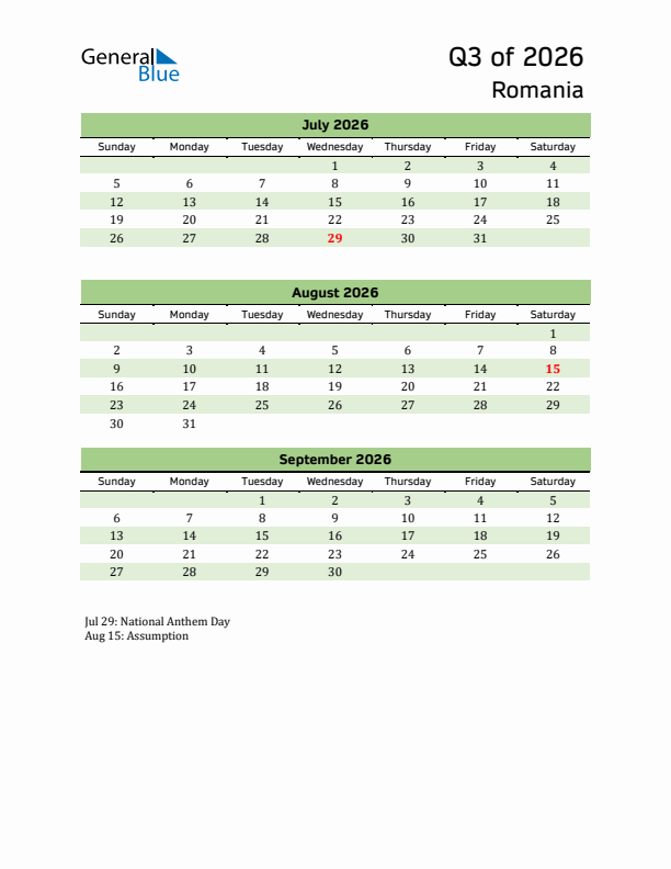 Quarterly Calendar 2026 with Romania Holidays