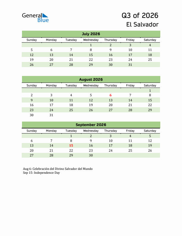 Quarterly Calendar 2026 with El Salvador Holidays