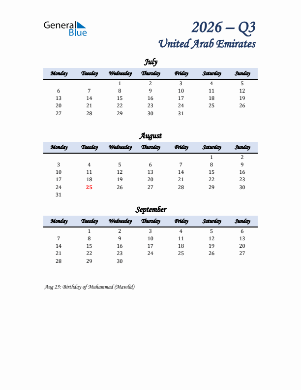 July, August, and September Calendar for United Arab Emirates with Monday Start