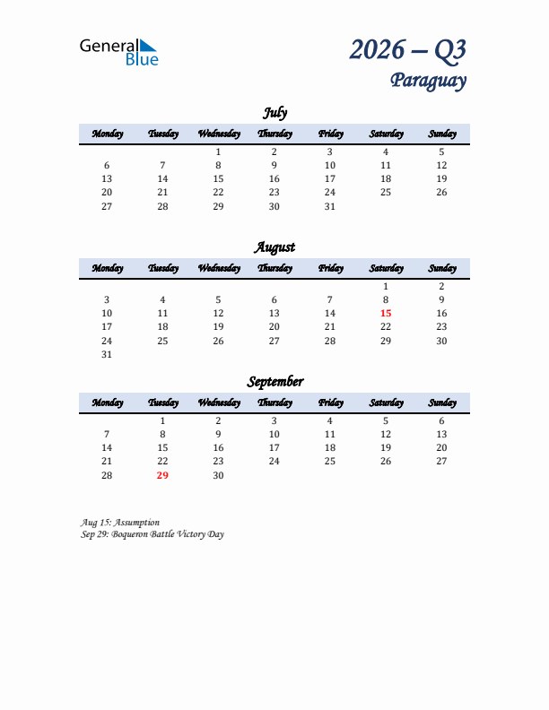 July, August, and September Calendar for Paraguay with Monday Start