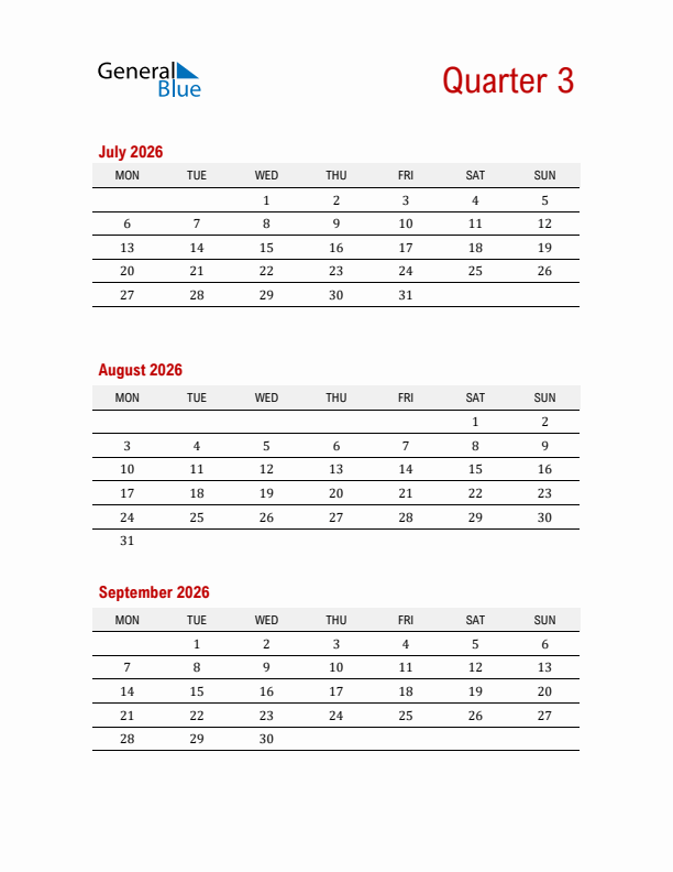 Three-Month Printable Calendar 2026