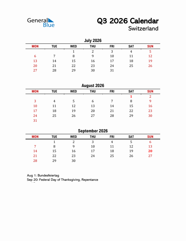 2026 Q3 Calendar with Holidays List for Switzerland