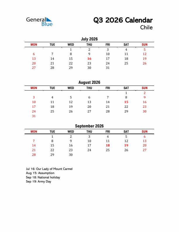 2026 Q3 Calendar with Holidays List for Chile