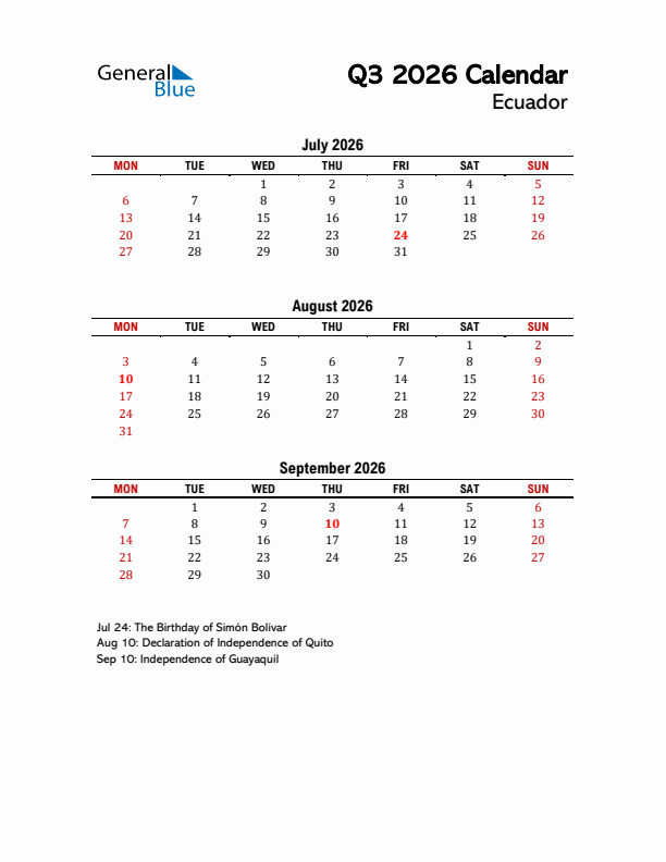 2026 Q3 Calendar with Holidays List for Ecuador