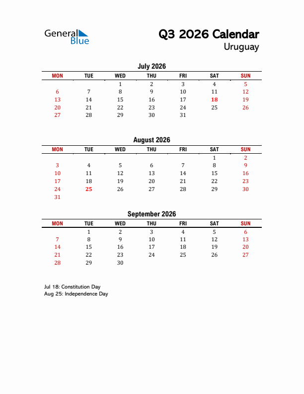 2026 Q3 Calendar with Holidays List for Uruguay