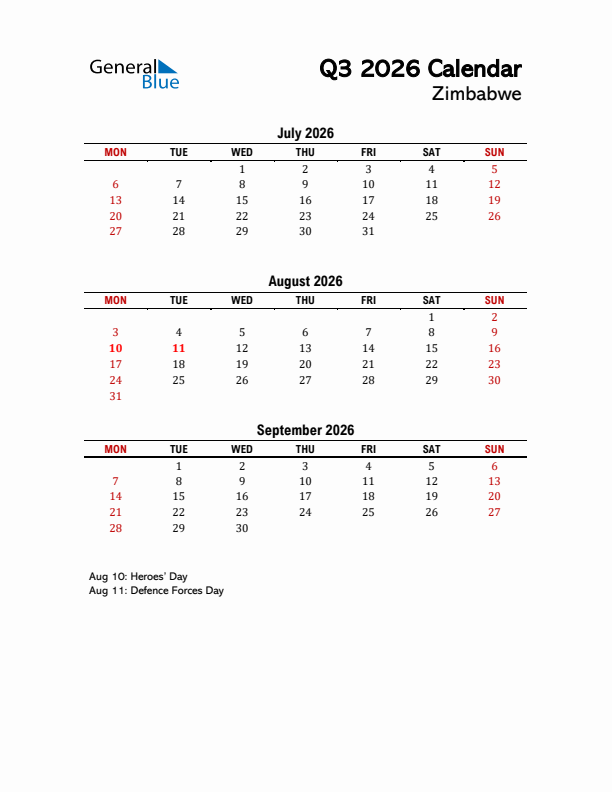 2026 Q3 Calendar with Holidays List for Zimbabwe