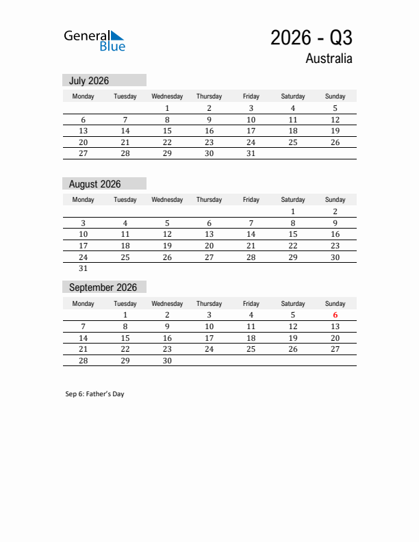 Australia Quarter 3 2026 Calendar with Holidays