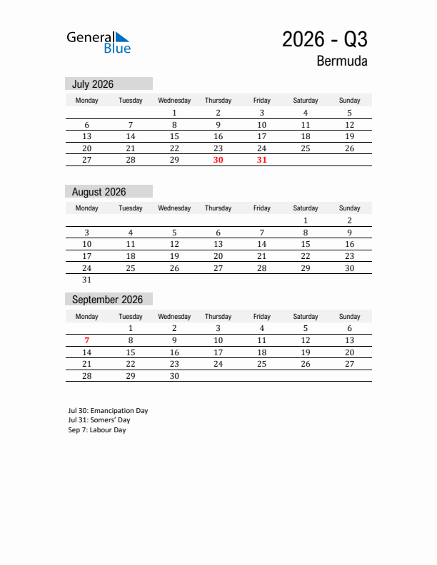 Bermuda Quarter 3 2026 Calendar with Holidays