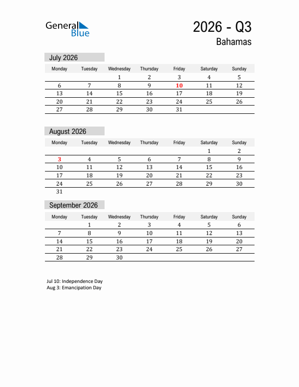Bahamas Quarter 3 2026 Calendar with Holidays