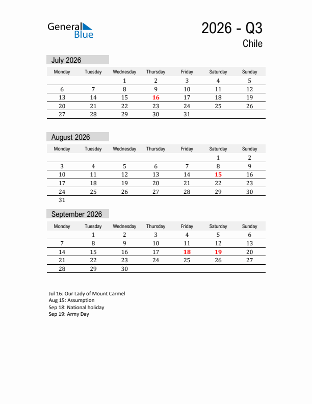 Chile Quarter 3 2026 Calendar with Holidays