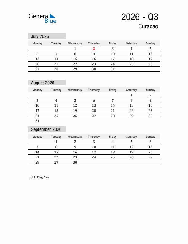 Curacao Quarter 3 2026 Calendar with Holidays