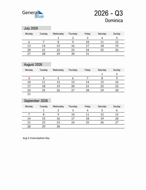 Dominica Quarter 3 2026 Calendar with Holidays
