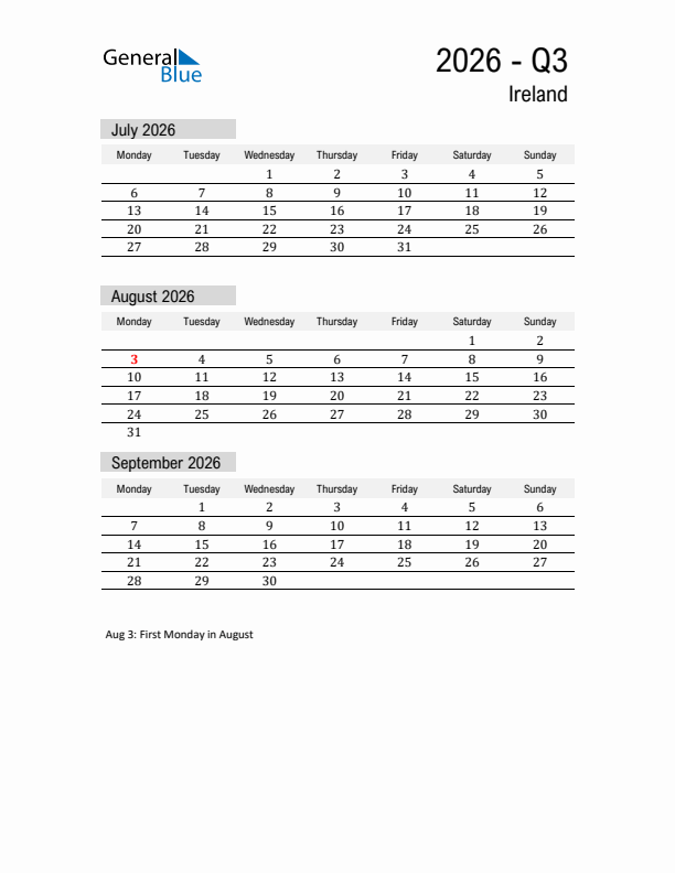 Ireland Quarter 3 2026 Calendar with Holidays