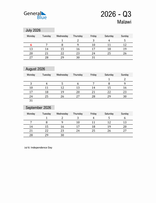 Malawi Quarter 3 2026 Calendar with Holidays