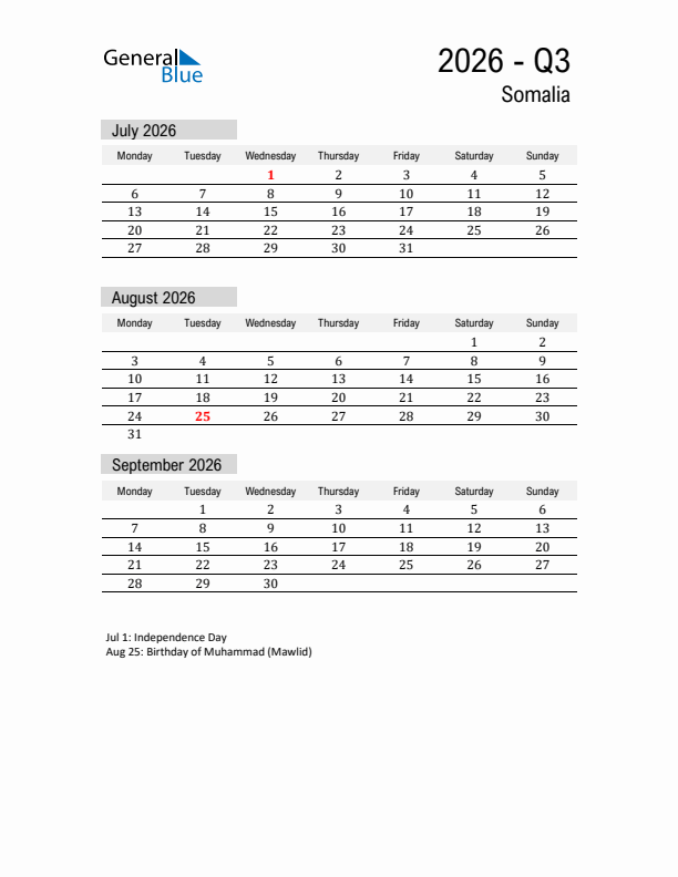 Somalia Quarter 3 2026 Calendar with Holidays