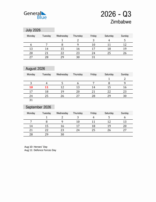Zimbabwe Quarter 3 2026 Calendar with Holidays