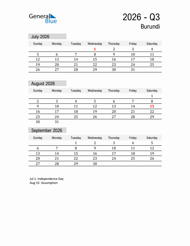 Burundi Quarter 3 2026 Calendar with Holidays