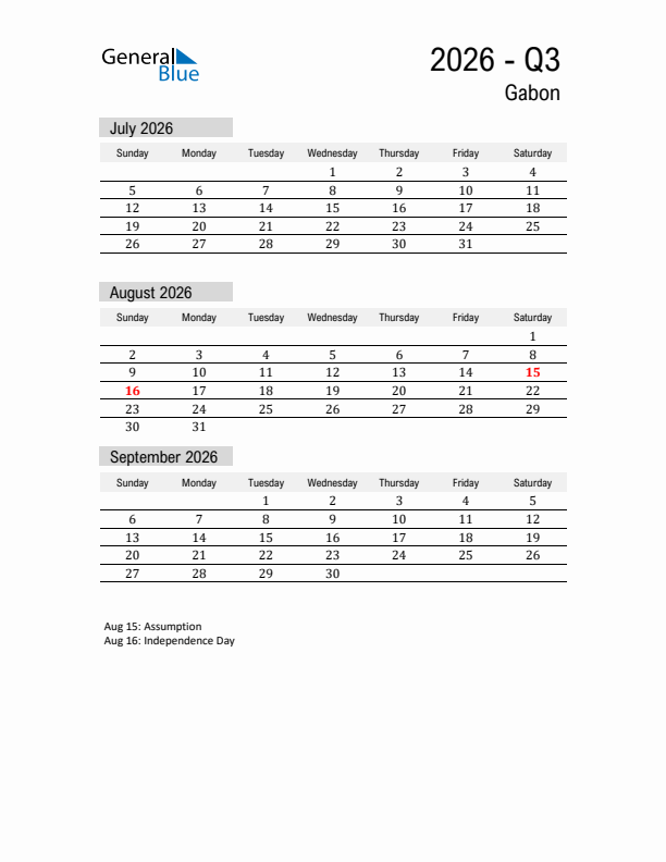 Gabon Quarter 3 2026 Calendar with Holidays