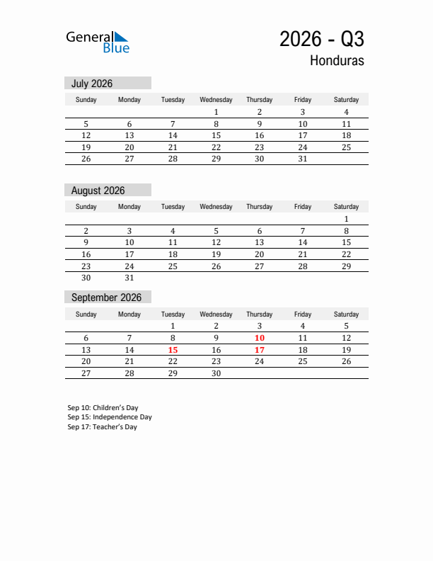 Honduras Quarter 3 2026 Calendar with Holidays