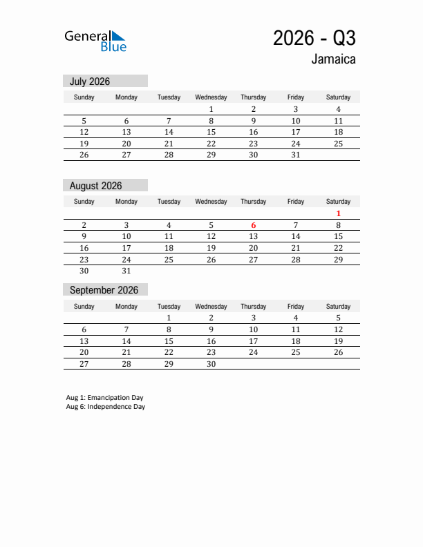Jamaica Quarter 3 2026 Calendar with Holidays