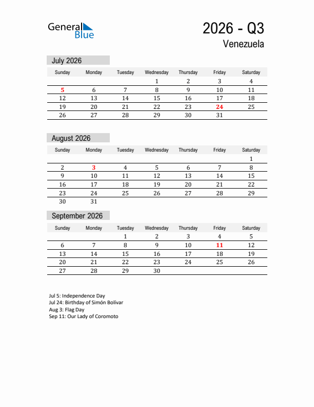 Venezuela Quarter 3 2026 Calendar with Holidays