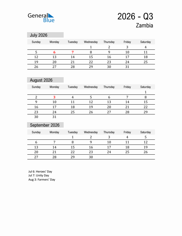 Zambia Quarter 3 2026 Calendar with Holidays