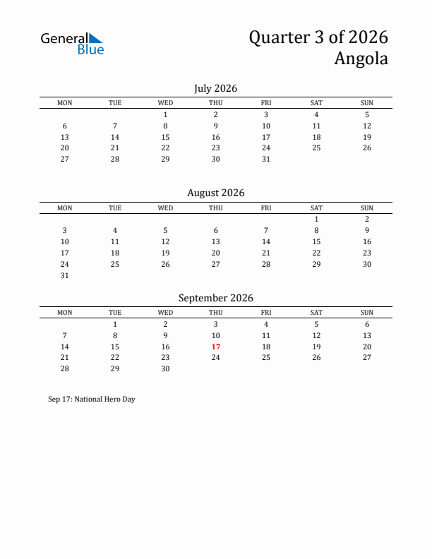 Quarter 3 2026 Angola Quarterly Calendar