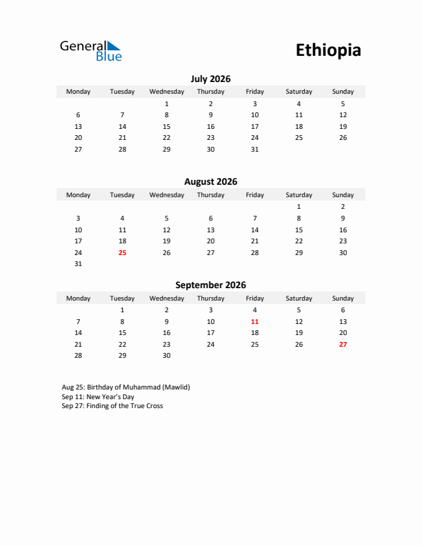 Printable Quarterly Calendar with Notes and Ethiopia Holidays- Q3 of 2026