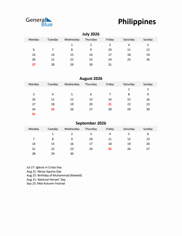 Printable Quarterly Calendar with Notes and Philippines Holidays- Q3 of 2026