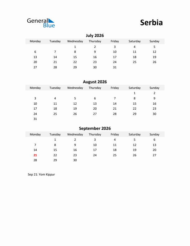 Printable Quarterly Calendar with Notes and Serbia Holidays- Q3 of 2026