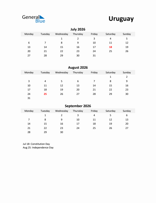 Printable Quarterly Calendar with Notes and Uruguay Holidays- Q3 of 2026