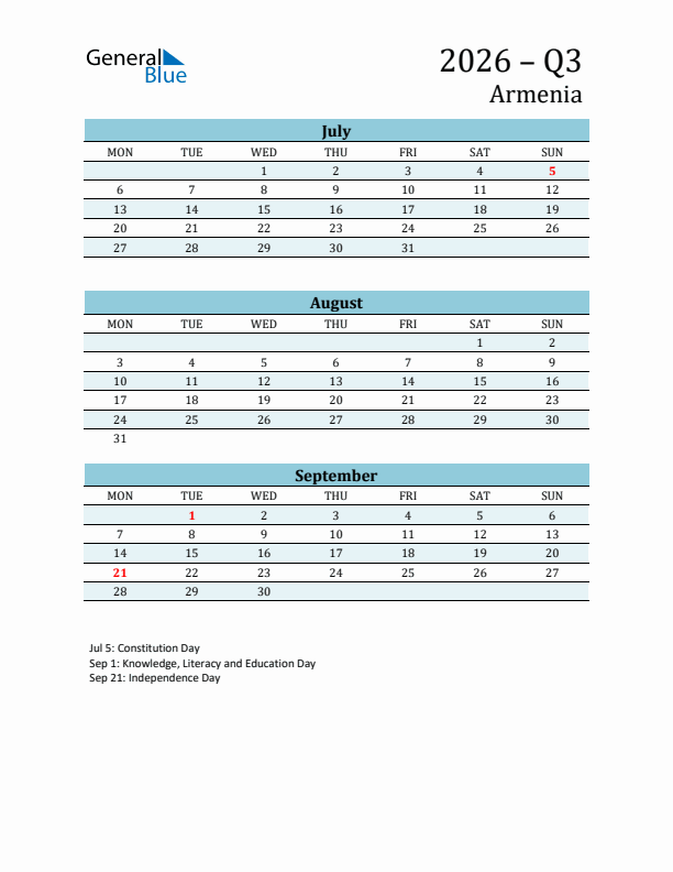 Three-Month Planner for Q3 2026 with Holidays - Armenia