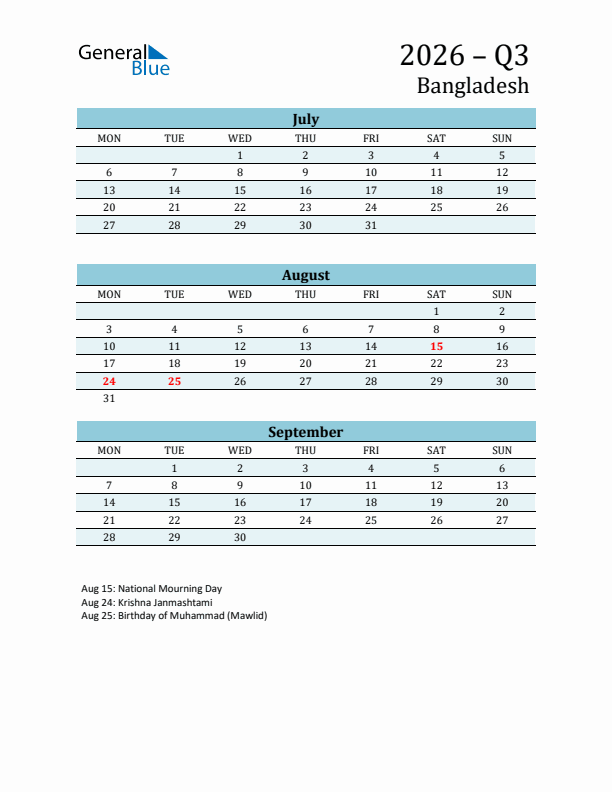 Three-Month Planner for Q3 2026 with Holidays - Bangladesh
