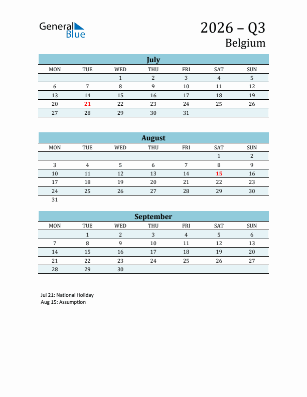 Three-Month Planner for Q3 2026 with Holidays - Belgium