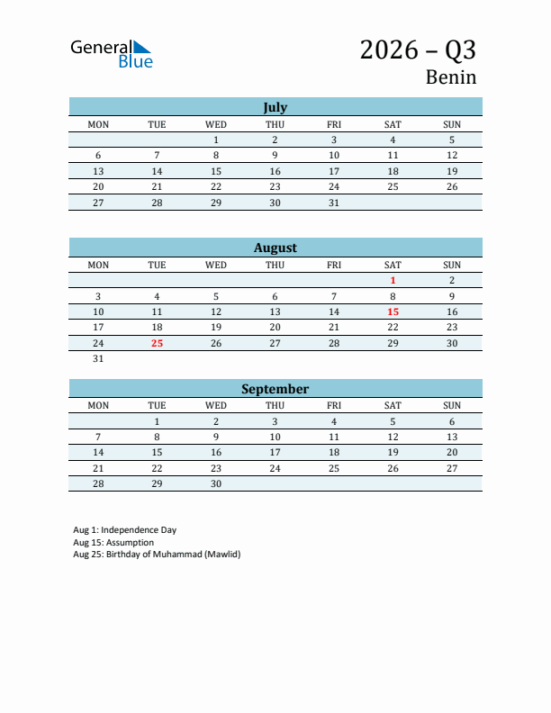 Three-Month Planner for Q3 2026 with Holidays - Benin