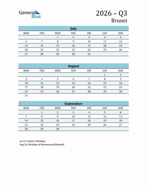 Three-Month Planner for Q3 2026 with Holidays - Brunei