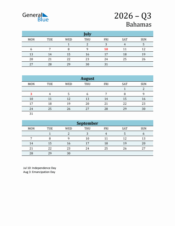 Three-Month Planner for Q3 2026 with Holidays - Bahamas