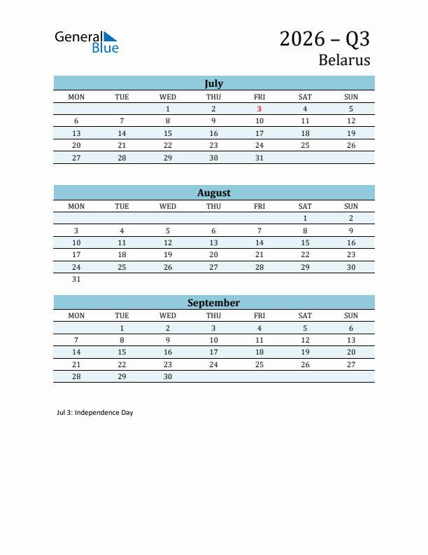 Three-Month Planner for Q3 2026 with Holidays - Belarus